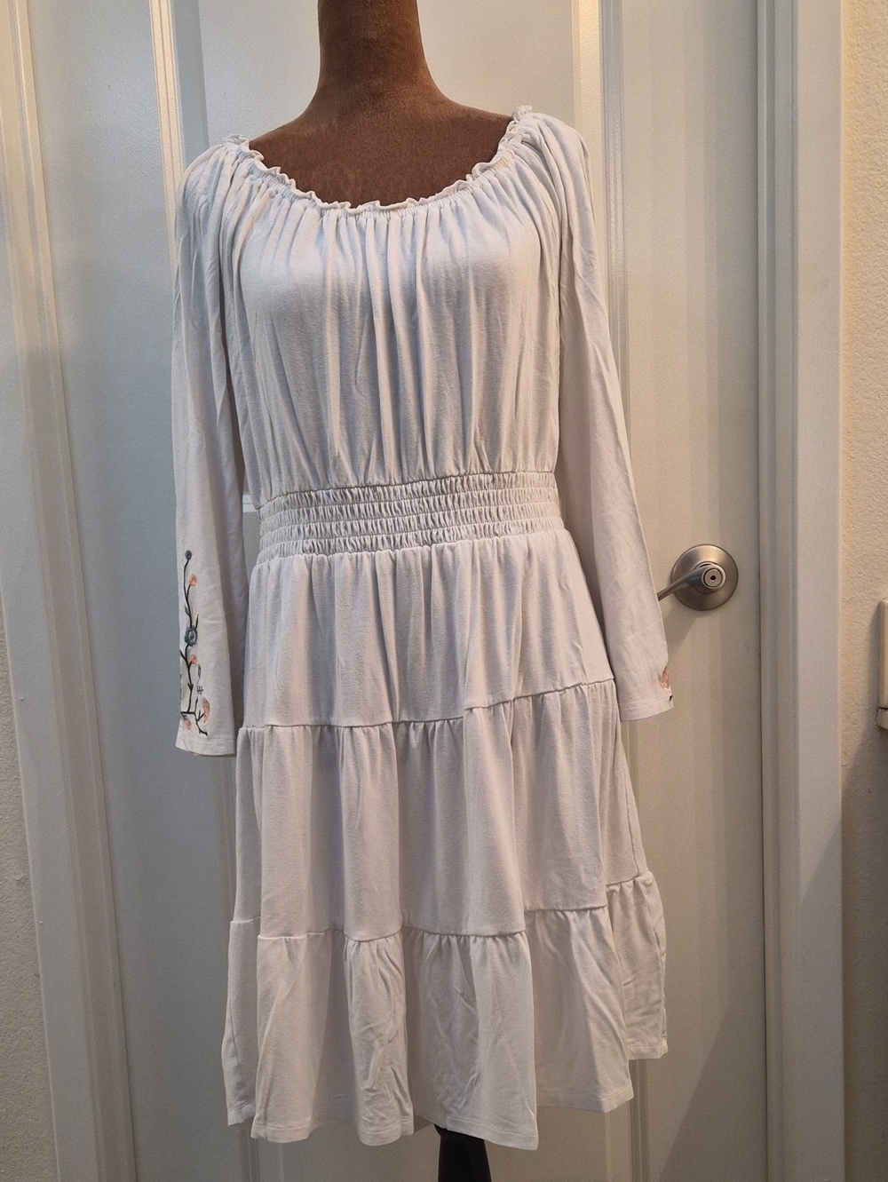 Cupio White Tiered Long Sleeve Boho Dress with Embroidered Cuffs.Size S